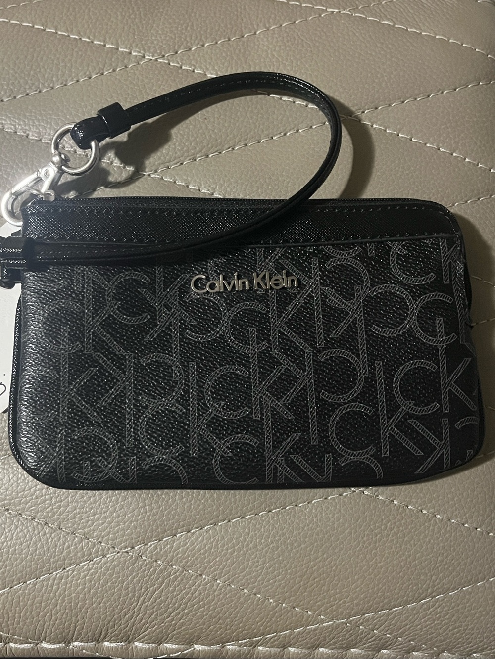 NWT Calvin Klein Monogram Signature Wristlet - Black/Charcoal Silver Hardware
